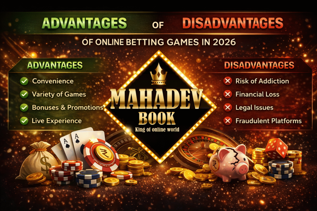 Advantages and disadvantages of online betting games including benefits like convenience and risks like addiction with Mahadev Book logo