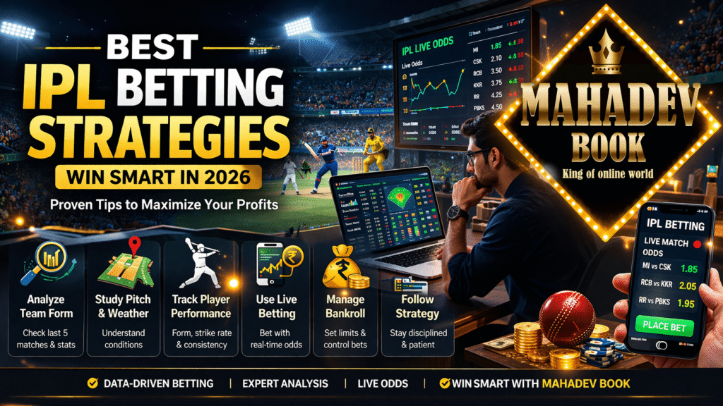 Best IPL betting strategies 2026 with Mahadev Book logo and live cricket betting analytics screen