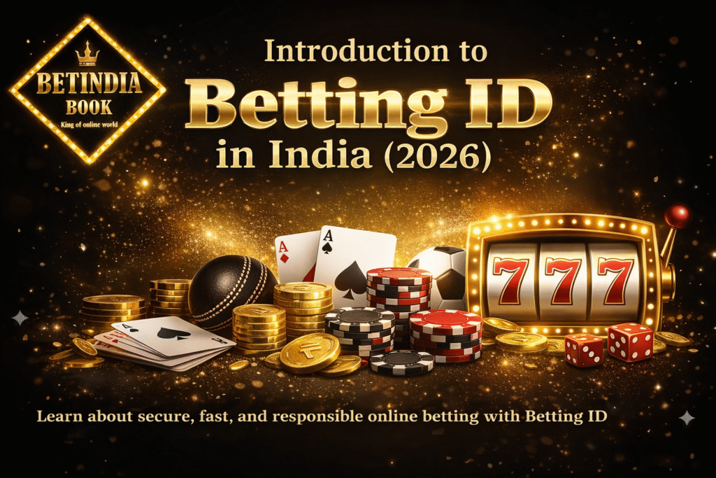 BetIndia Book logo with Betting ID in India 2026 banner showing casino chips, cards, cricket ball and slot machine representing online betting