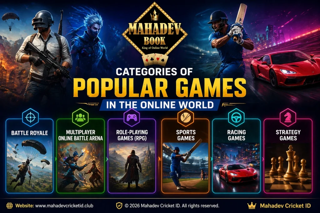 Categories of popular games including battle royale, RPG, strategy, and mobile games with Mahadev Book logo