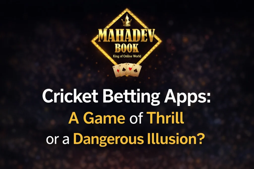 Cricket betting apps concept image showing Mahadev Book logo with the title game of thrill or dangerous illusion