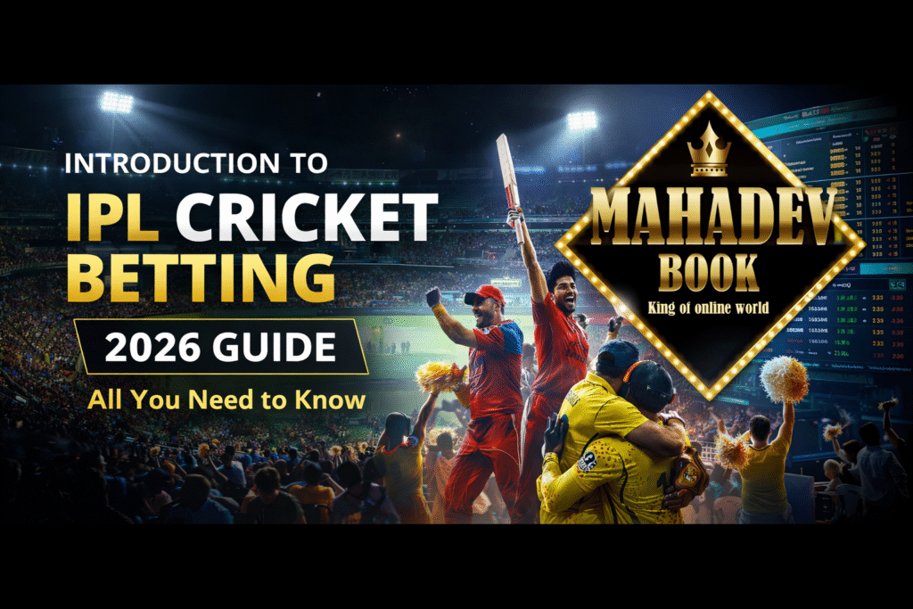 IPL cricket betting guide 2026 with Mahadev Book logo and live match stadium background