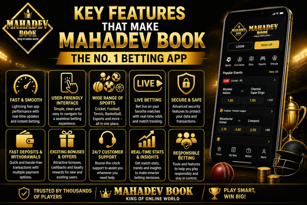 Mahadev Book betting app features banner with logo and live betting options
