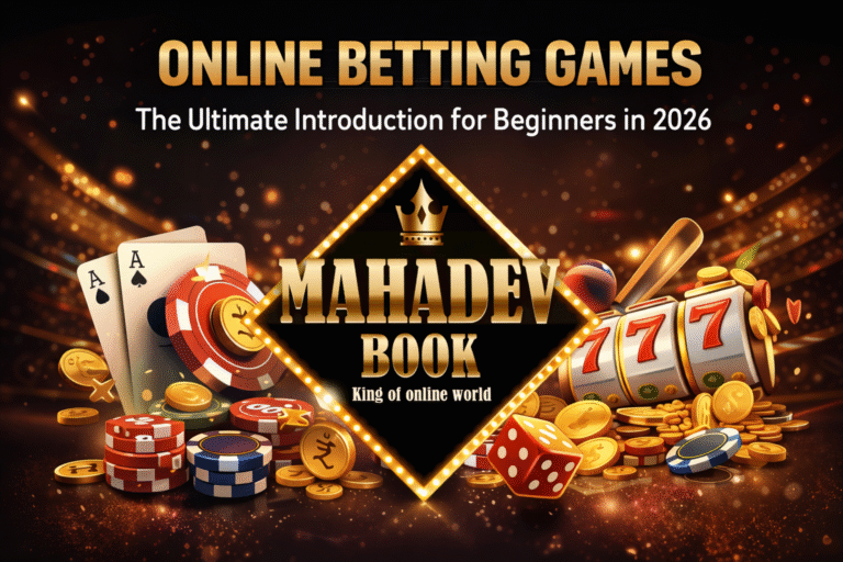 Online betting games with Mahadev Book logo showing casino elements, sports betting, and premium online gaming platform