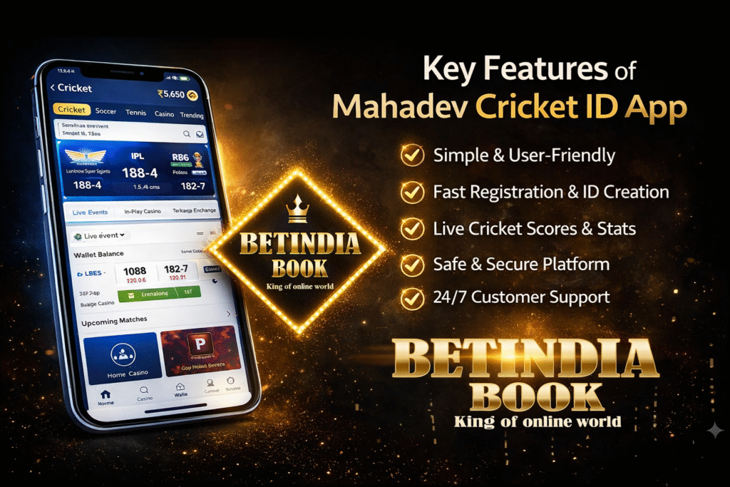 Key features of Mahadev Cricket ID App with BetIndia Book logo and live cricket dashboard