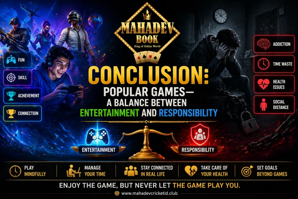popular games balance concept showing entertainment and responsible gaming with Mahadev Book logo