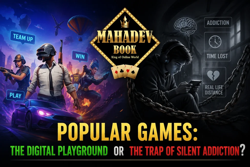 Popular games concept image showing exciting online gaming world on one side and gaming addiction struggle on the other with Mahadev Book logo in center