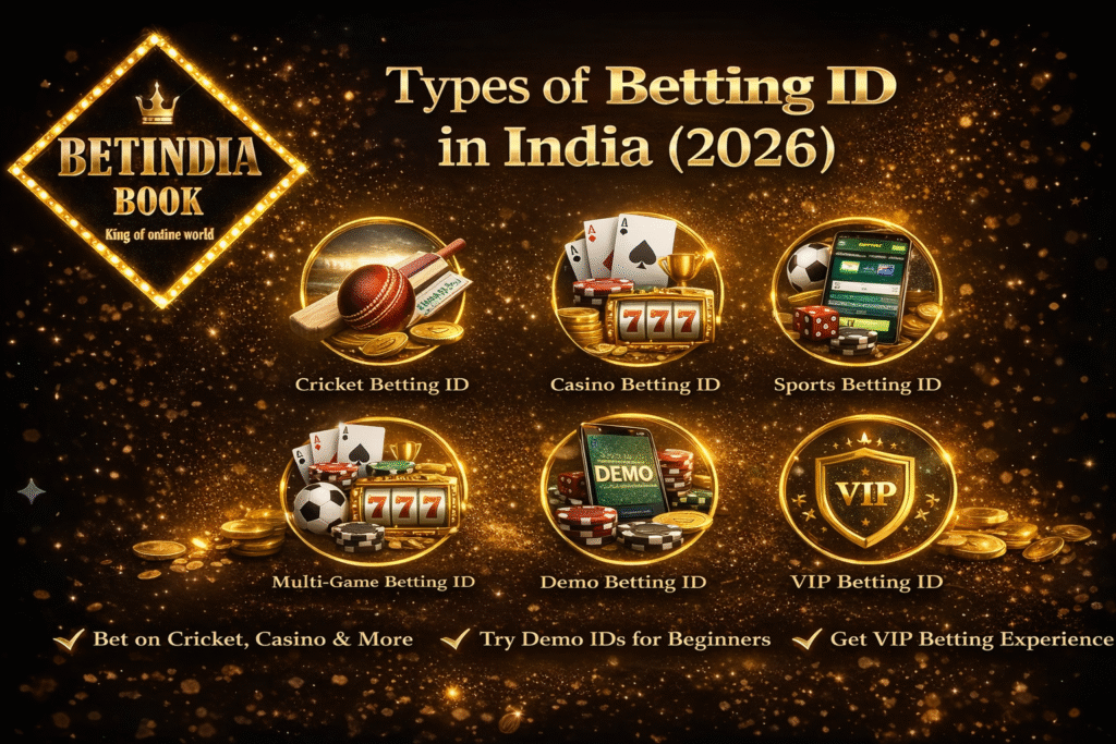 BetIndia Book logo with types of betting ID in India showing cricket betting ID, casino betting ID, sports betting ID, multi game ID, demo ID and VIP betting ID