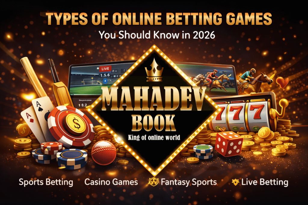 Types of online betting games including sports betting, casino games, live betting and fantasy sports with Mahadev Book logo