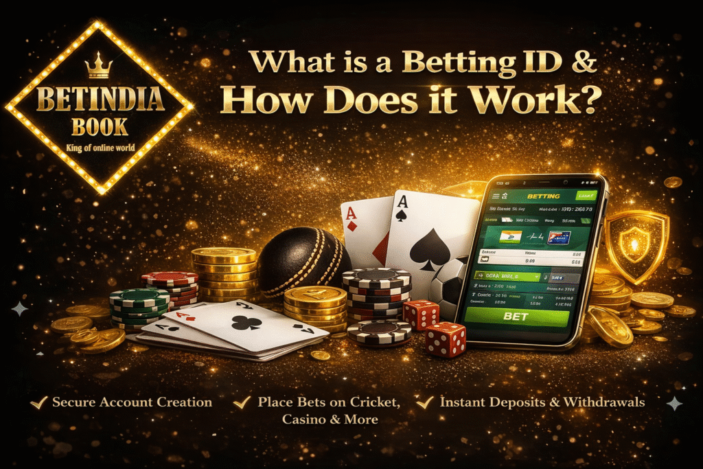 BetIndia Book logo with Betting ID working process banner showing mobile betting app, cricket ball, casino chips, playing cards and online betting interface