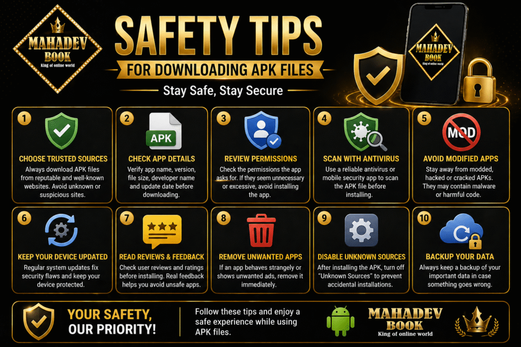 APK download safety tips guide with Mahadev Book logo showing secure installation practices