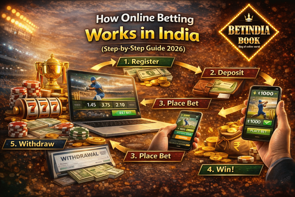 How online betting works in India 2026 step by step guide including registration, deposit, placing bets and withdrawal with BetIndia Book