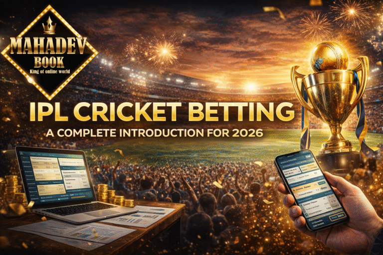 IPL cricket betting introduction 2026 with Mahadev Book logo, stadium crowd, trophy and live betting screen