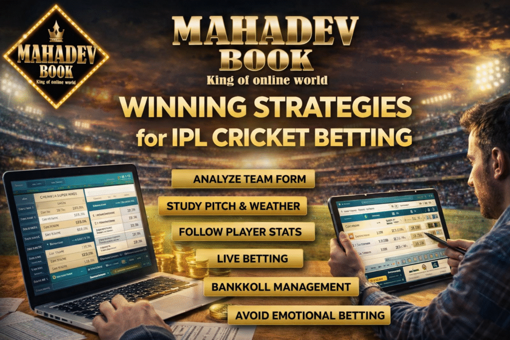 IPL cricket betting winning strategies 2026 with Mahadev Book logo, live betting screen, player analysis and stadium background