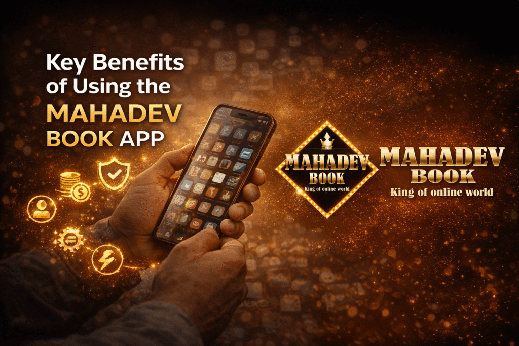 Mahadev Book app benefits banner showing mobile app features, security, speed, and user-friendly interface