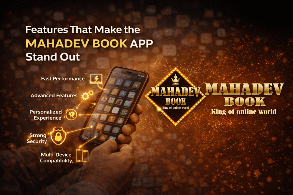 Mahadev Book app features banner showing fast performance, security, personalization, and multi-device compatibility