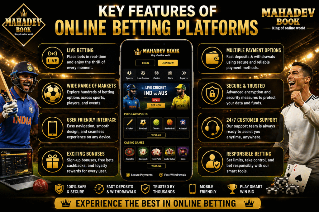 Mahadev Book features including live betting, casino games, and secure payments