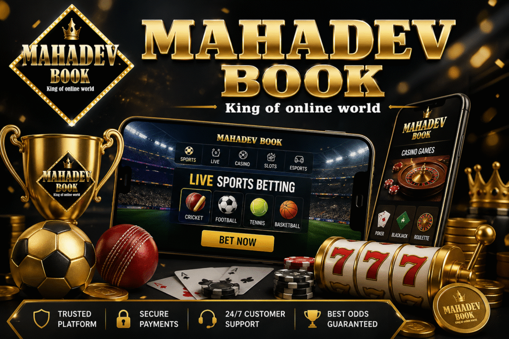 Betting site Mahadev Book online betting platform logo with sports and casino theme