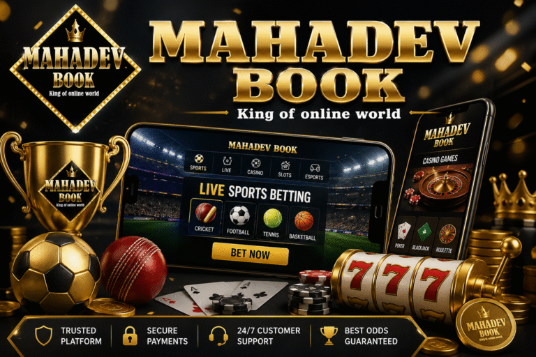Betting site Mahadev Book online betting platform logo with sports and casino theme