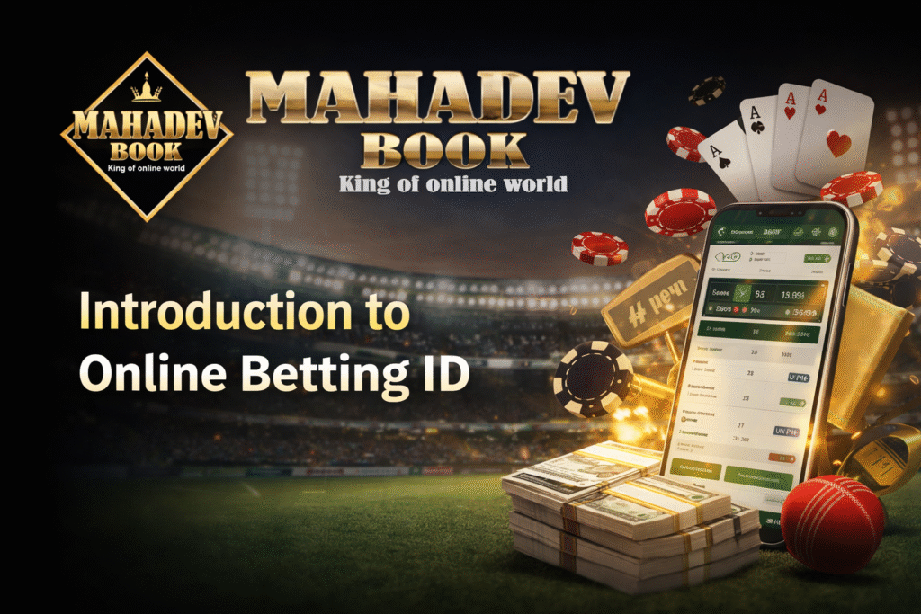 Mahadev Book online betting ID guide with logo, cricket stadium, mobile betting app, and casino elements