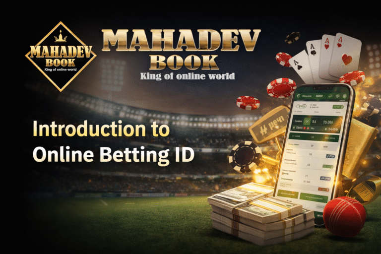 Mahadev Book online betting ID guide with logo, cricket stadium, mobile betting app, and casino elements