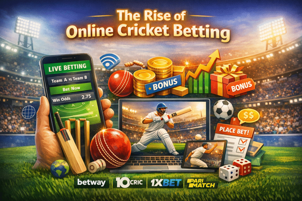 Online cricket betting illustration with live betting app, cricket player, bonuses, and betting platforms logos