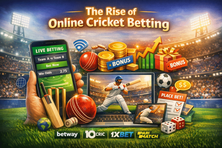 Online cricket betting illustration with live betting app, cricket player, bonuses, and betting platforms logos