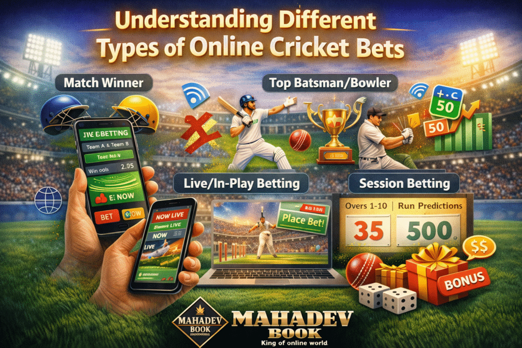 Types of online cricket betting with Mahadev Book live betting interface and cricket match visuals