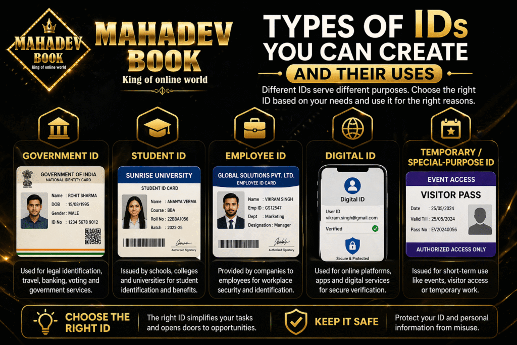 Types of IDs infographic with Mahadev Book logo showing government, student, employee, digital and temporary IDs