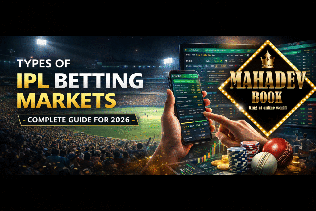 Types of IPL betting markets 2026 guide with Mahadev Book logo and live cricket betting screen
