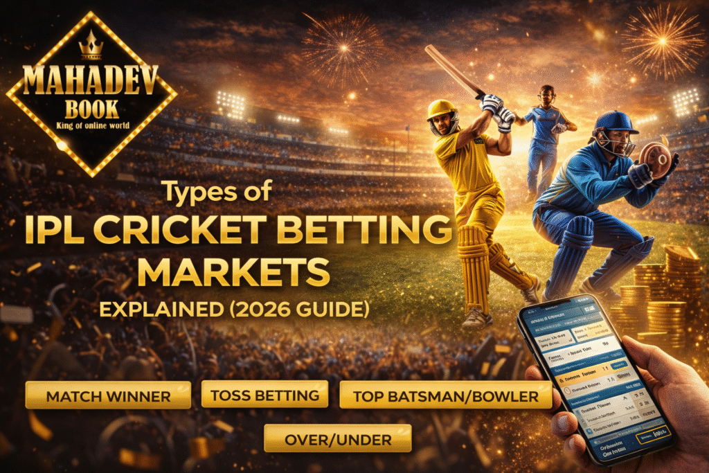 types of IPL cricket betting markets 2026 with Mahadev Book logo, live betting odds, players and mobile screen