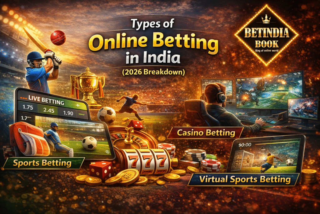 Types of online betting in India 2026 including sports betting, live betting, casino betting and virtual sports with BetIndia Book