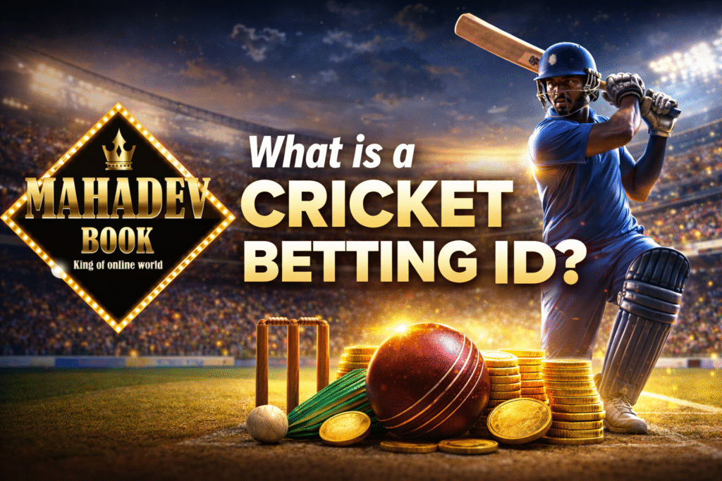 What is a Cricket Betting ID banner with Mahadev Book logo cricket player and betting elements